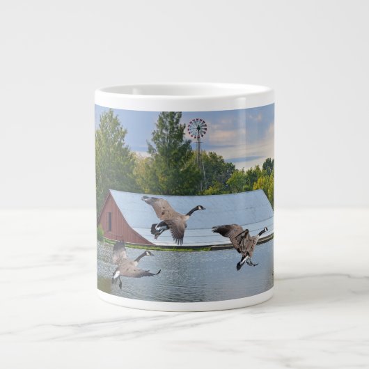 カナダガチョウが池に着陸 ジャンボコーヒーマグカップ (正面)