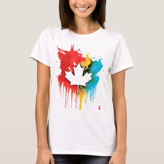 カナダゲイプライドレインボー国旗Maple Leaf LGTBQ Tシャツ (正面)
