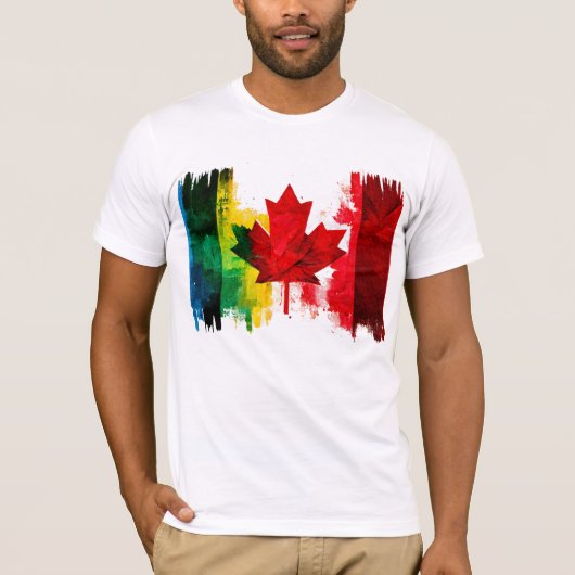 カナダゲイプライドレインボー国旗Maple Leaf LGTBQ Tシャツ (正面)