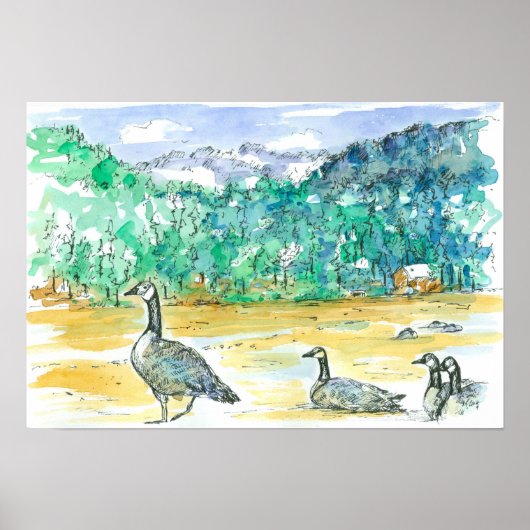 カナダゲーゼンブルー山水彩画のスケッチ ポスター (正面)