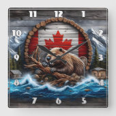 カナダビーバーが山の景色の前に スクエア壁時計 (正面)