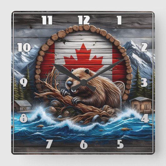 カナダビーバーが山の景色の前に スクエア壁時計 (正面)