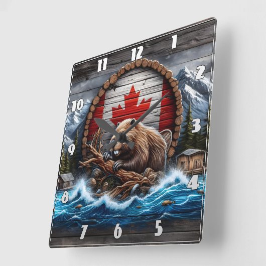 カナダビーバーが山の景色の前に スクエア壁時計 (傾斜)
