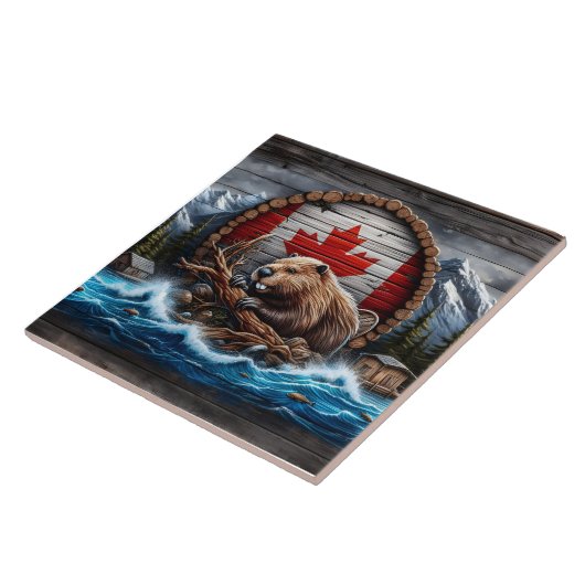 カナダビーバーが山の景色の前に タイル (側面)