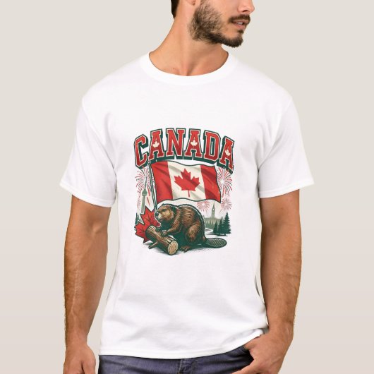 カナダビーバーの愛国旗お祝い Tシャツ (正面)
