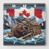 カナダビーバーウィズフラッグアンドロッジ自然 スクエア壁時計 (正面)