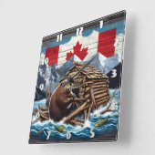 カナダビーバーウィズフラッグアンドロッジ自然 スクエア壁時計 (傾斜)