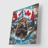 カナダビーバーウィズブルー海 スクエア壁時計 (傾斜)