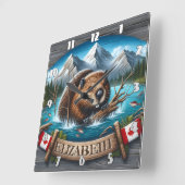 カナダビーバースイミングインマウンテンレイク スクエア壁時計 (傾斜)