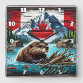 カナダビーバースイミングニアキャビン素朴ズ スクエア壁時計 (正面)