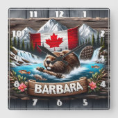 カナダビーバースイミングニアマウンテンストリーム スクエア壁時計 (正面)