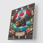 カナダビーバーニアマウンテンアンドメープルリーフ スクエア壁時計 (傾斜)