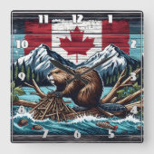 カナダビーバーバイザフラッグアンドマウンテンズ スクエア壁時計 (正面)