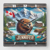 カナダビーバーホールディングブランチニアマウンテンレイク スクエア壁時計 (正面)