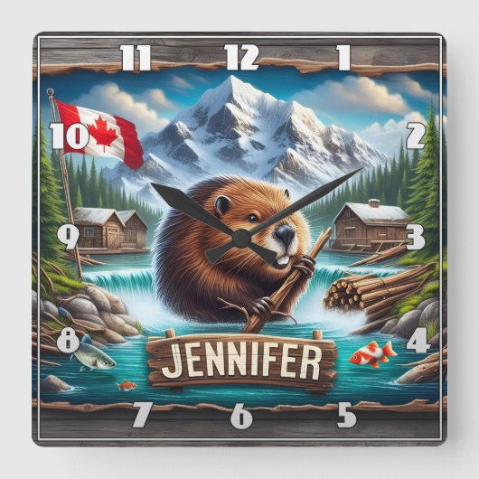 カナダビーバーホールディングブランチニアマウンテンレイク スクエア壁時計 (正面)