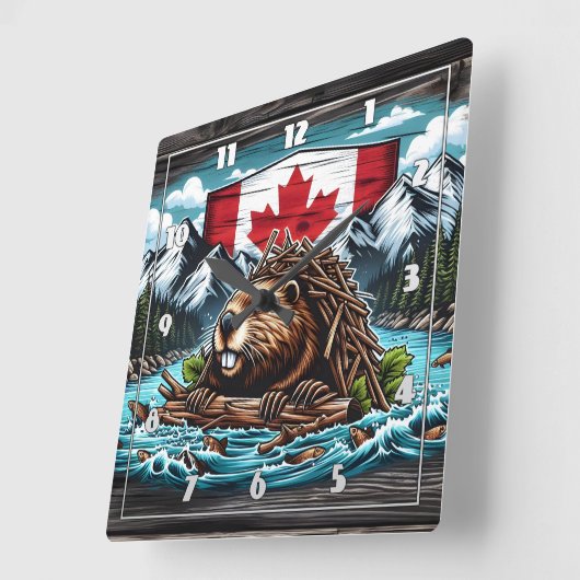 カナダビーバー建物ダムのロッキー風景 スクエア壁時計 (傾斜)