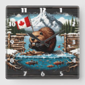 カナダビーバー、国旗、山、海 スクエア壁時計 (正面)