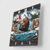 カナダビーバー、国旗、山、海 スクエア壁時計 (傾斜)