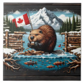 カナダビーバー、国旗、山、海 タイル (正面)