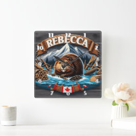 カナダビーバー、雪をかぶった山 スクエア壁時計