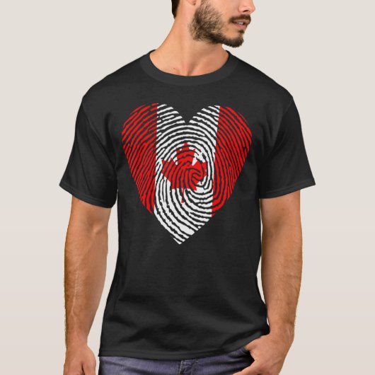 カナダプライド指紋ハート愛国的なメープルL Tシャツ (正面)