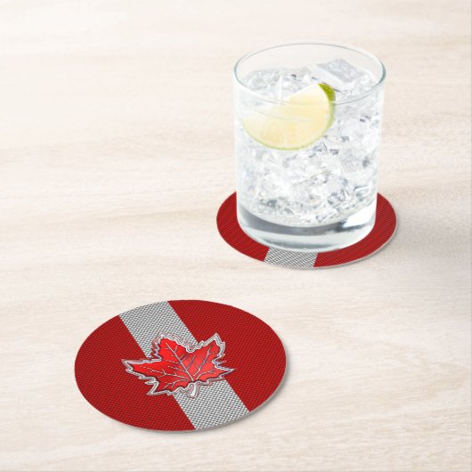 カナダレッドメープルリーフオンカーボンファイバースタイル ラウンドペーパーコースター (インサイチュ)