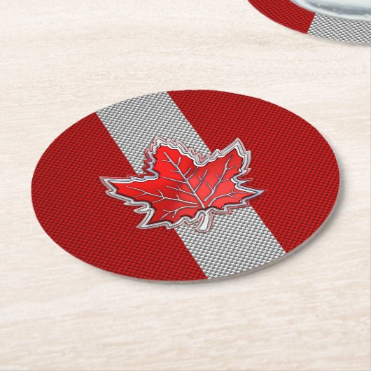 カナダレッドメープルリーフオンカーボンファイバースタイル ラウンドペーパーコースター (アングル)