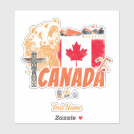 カナダヴィンテージ国旗とグリズリーベアホリデー シール