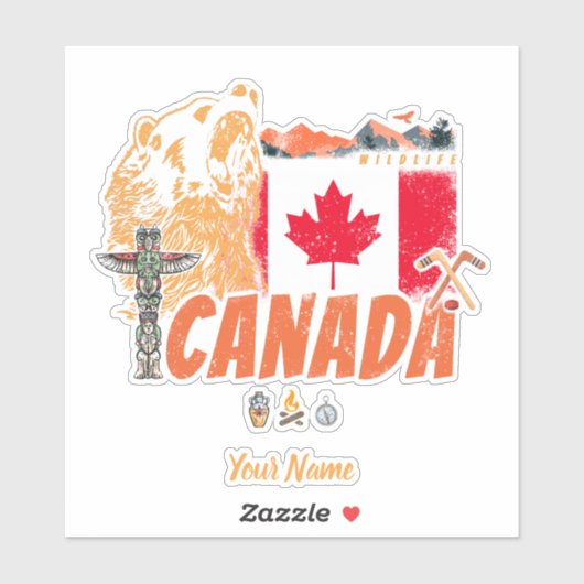 カナダヴィンテージ国旗とグリズリーベアホリデー シール (シート)