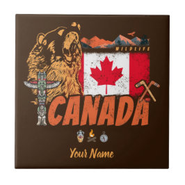 カナダヴィンテージ国旗とグリズリーベアホリデー タイル