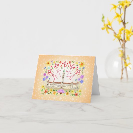 カナダ国会議事堂とスノーバードフォークアート カード (黄色い花)