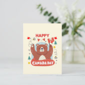 カナダ国旗と可愛いクマHappy Canada Day ポストカード (スタンド正面)