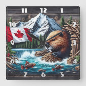 カナダ国旗と渓流に近いビーバーボート スクエア壁時計 (正面)