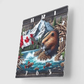カナダ国旗と渓流に近いビーバーボート スクエア壁時計 (傾斜)