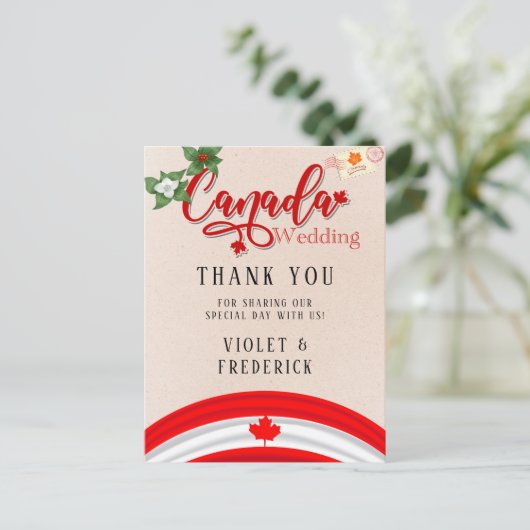 カナダ国旗と花模様結婚の感謝 ポストカード (スタンド正面)