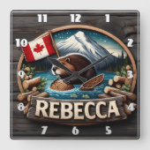 カナダ国旗によるカナダのビーバー保持ログ スクエア壁時計 (正面)