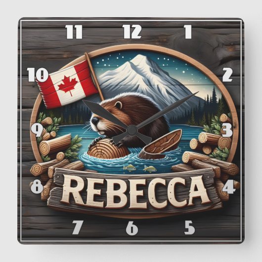 カナダ国旗によるカナダのビーバー保持ログ スクエア壁時計 (正面)