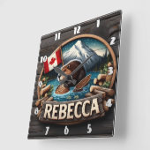 カナダ国旗によるカナダのビーバー保持ログ スクエア壁時計 (傾斜)