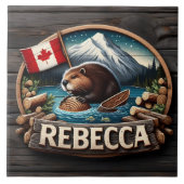 カナダ国旗によるカナダのビーバー保持ログ タイル (正面)