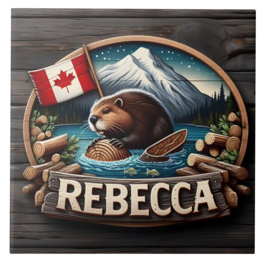カナダ国旗によるカナダのビーバー保持ログ タイル (正面)