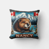 カナダ国旗にステッキを持ったビーバー クッション (正面)