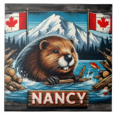 カナダ国旗にステッキを持ったビーバー タイル (正面)