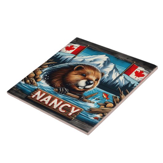 カナダ国旗にステッキを持ったビーバー タイル (側面)