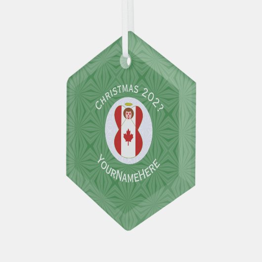 カナダ国旗のクリスマスエンジェル名Yearn Hexagon ガラスオーナメント (正面左)