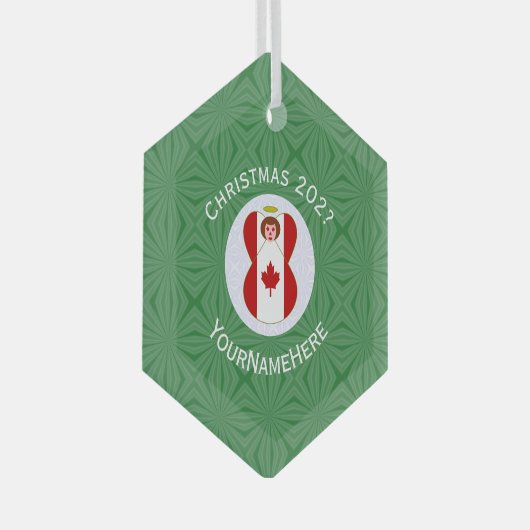 カナダ国旗のクリスマスエンジェル名Yearn Hexagon ガラスオーナメント (正面右)
