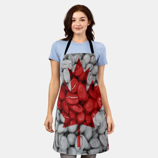 カナダ国旗のコーヒー エプロン (着用した状態)