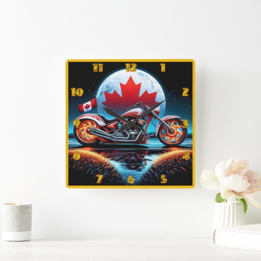 カナダ国旗の下のナイトライド スクエア壁時計 (ホーム)