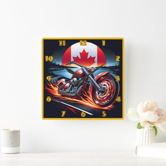 カナダ国旗の夕日の下でオートバイのレース スクエア壁時計 (ホーム)