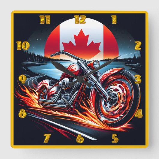 カナダ国旗の夕日の下でオートバイのレース スクエア壁時計 (正面)