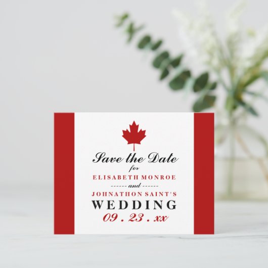カナダ国旗の結婚式の日付の保存 案内ポストカード (スタンド正面)